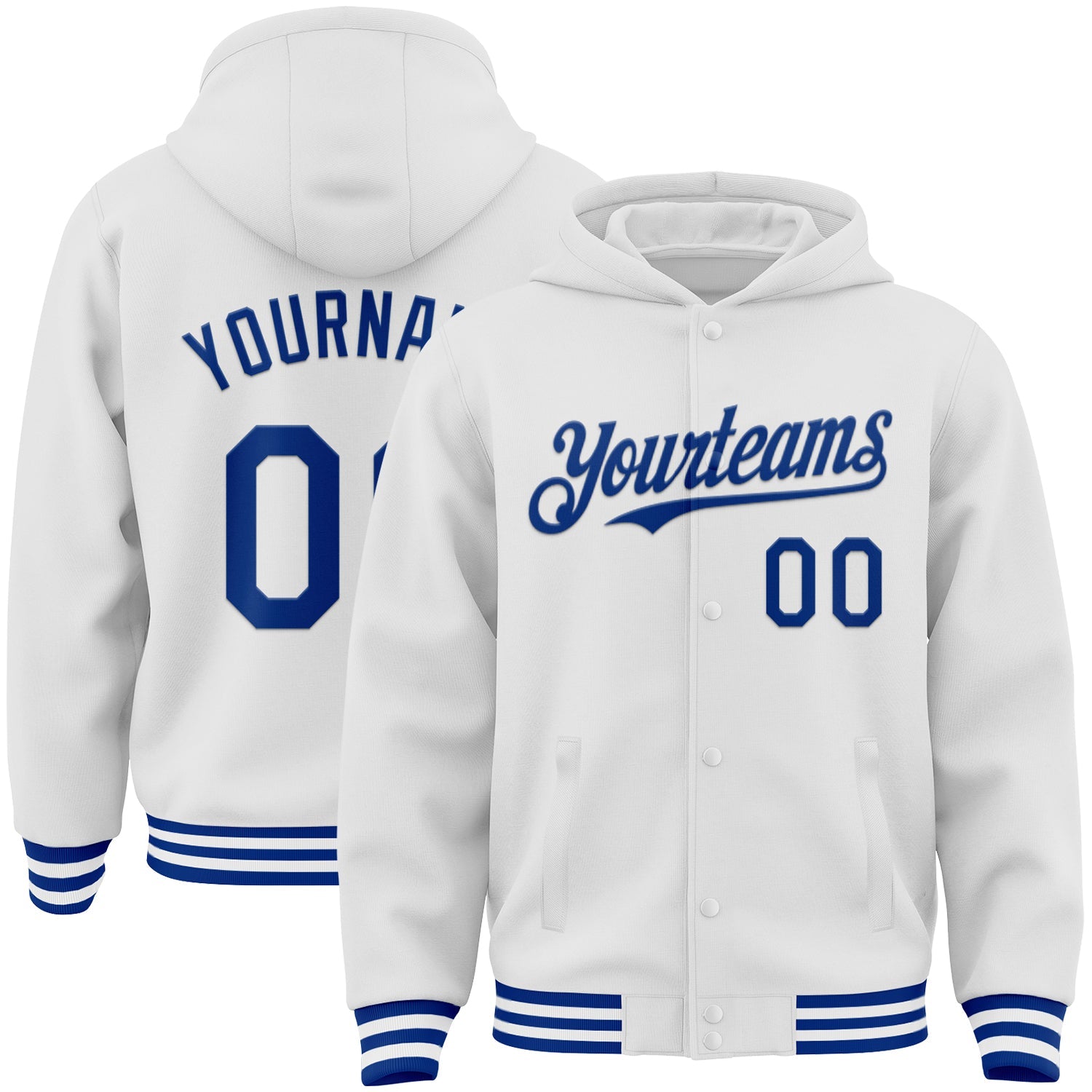 Custom White Royal Bomber Full-Snap Varsity Letterman Hoodie Jacket - Main View