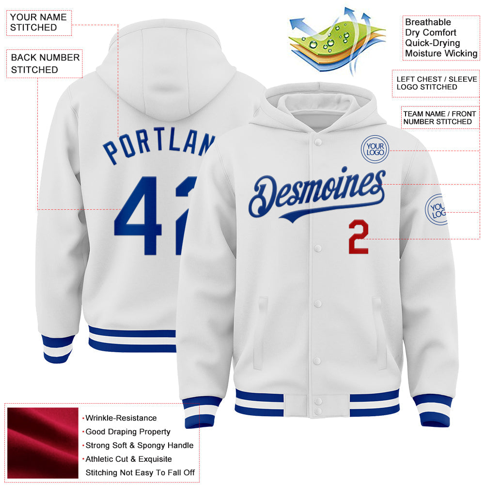 Custom White Royal-Red Bomber Full-Snap Varsity Letterman Hoodie Jacket view 3