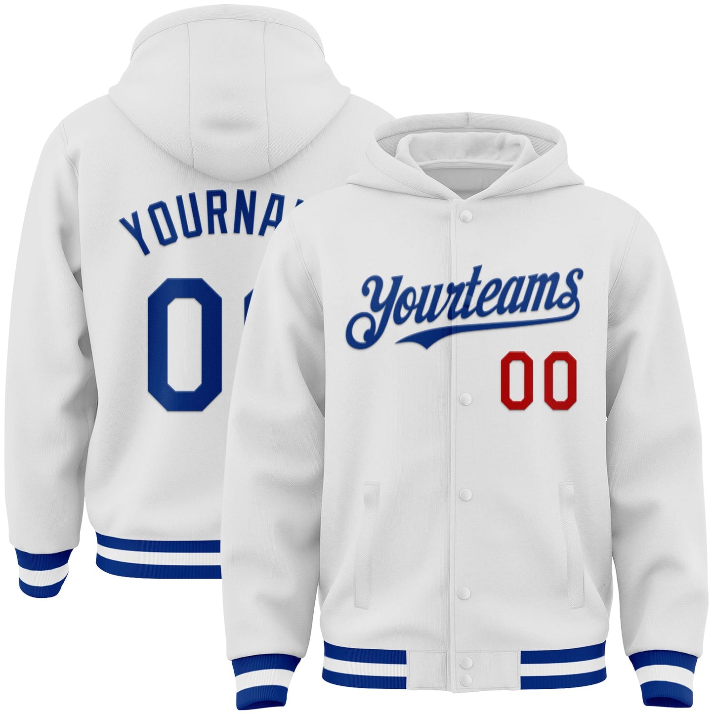 Custom White Royal-Red Bomber Full-Snap Varsity Letterman Hoodie Jacket - Main View
