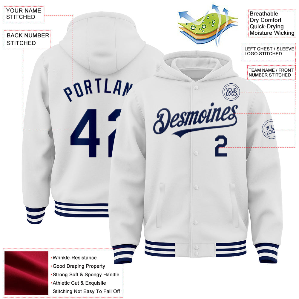Custom White Navy Bomber Full-Snap Varsity Letterman Hoodie Jacket view 3