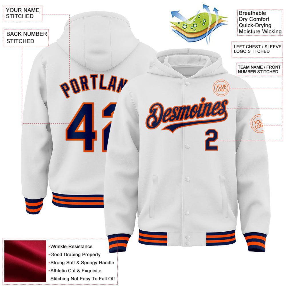 Custom White Navy-Orange Bomber Full-Snap Varsity Letterman Hoodie Jacket view 3