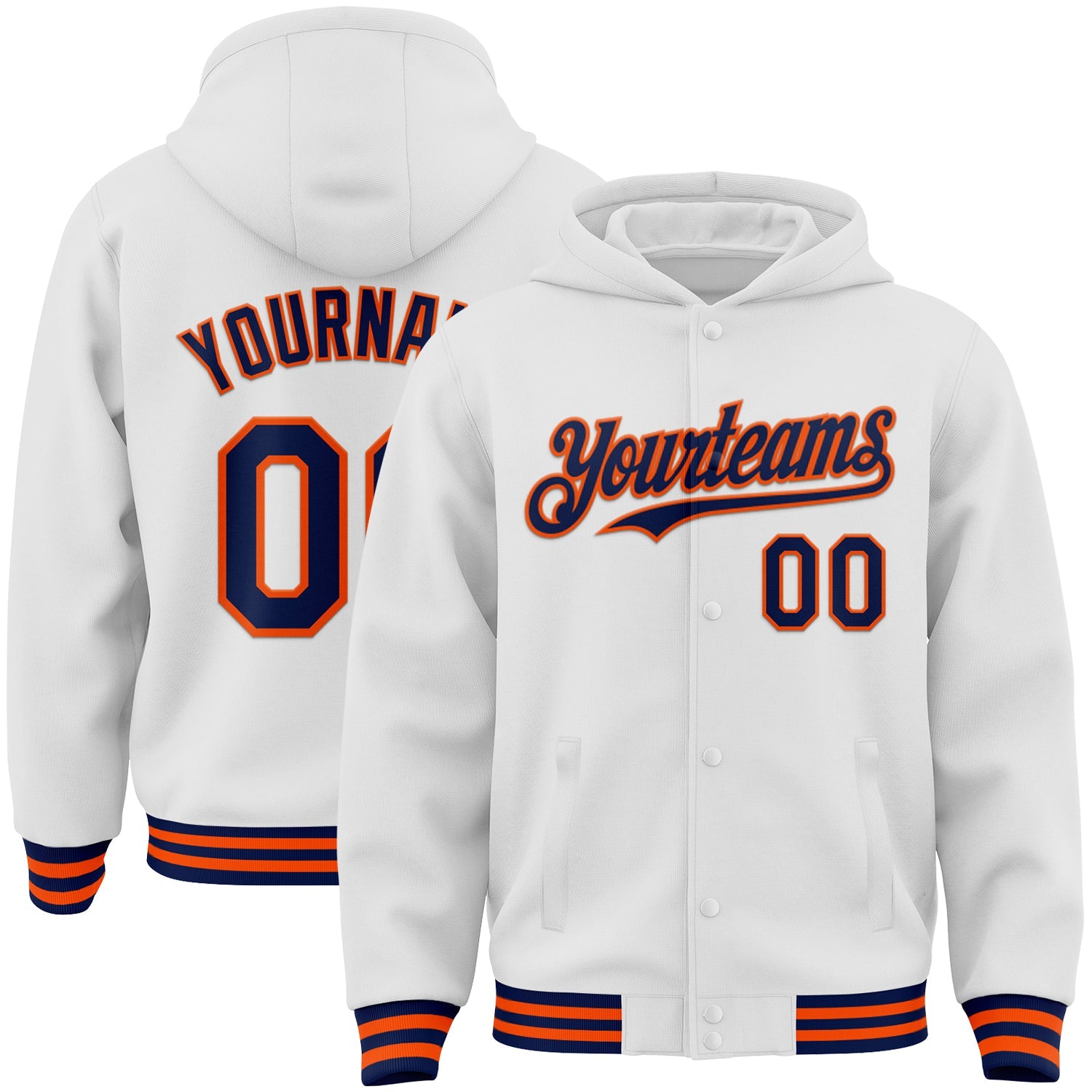 Custom White Navy-Orange Bomber Full-Snap Varsity Letterman Hoodie Jacket - Main View