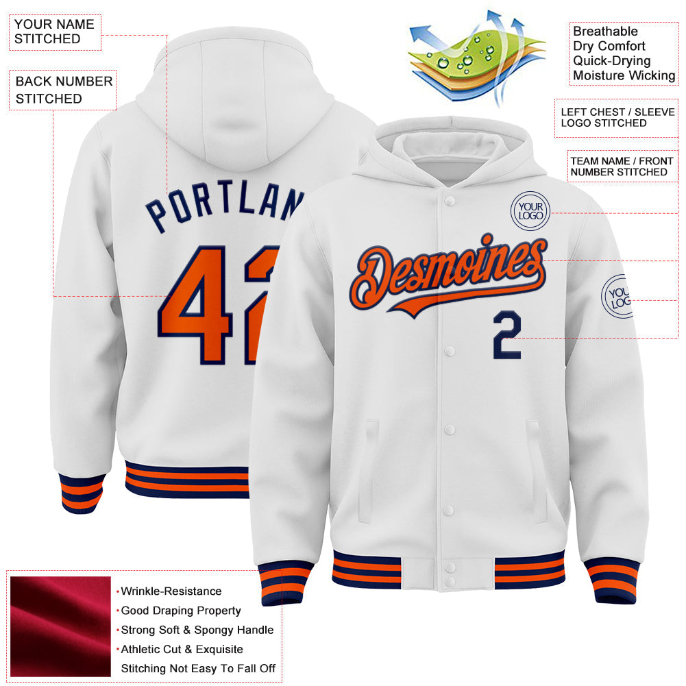 Custom White Orange-Navy Bomber Full-Snap Varsity Letterman Hoodie Jacket view 3