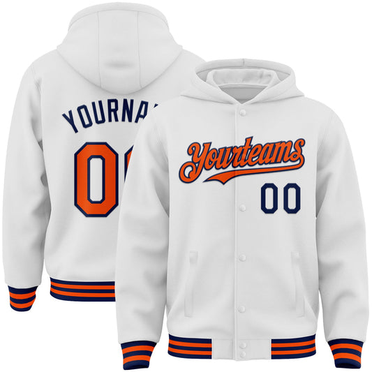 Custom White Orange-Navy Bomber Full-Snap Varsity Letterman Hoodie Jacket - Main View