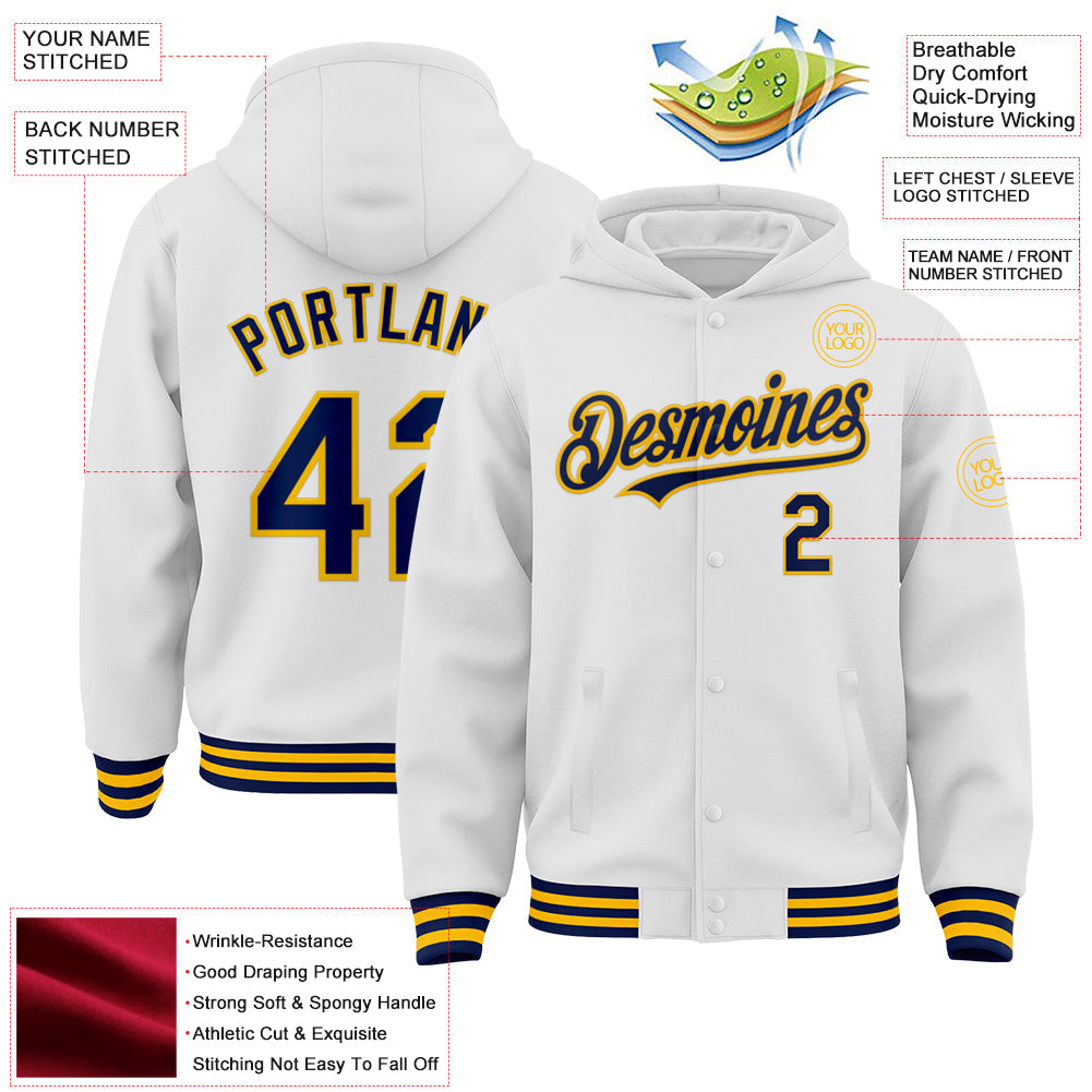 Custom White Navy-Gold Bomber Full-Snap Varsity Letterman Hoodie Jacket view 3