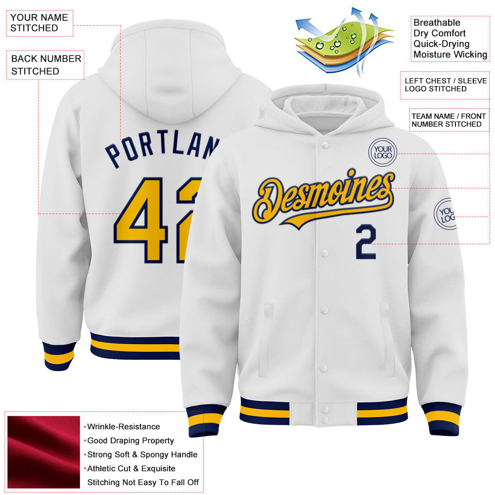Custom White Gold-Navy Bomber Full-Snap Varsity Letterman Hoodie Jacket view 3