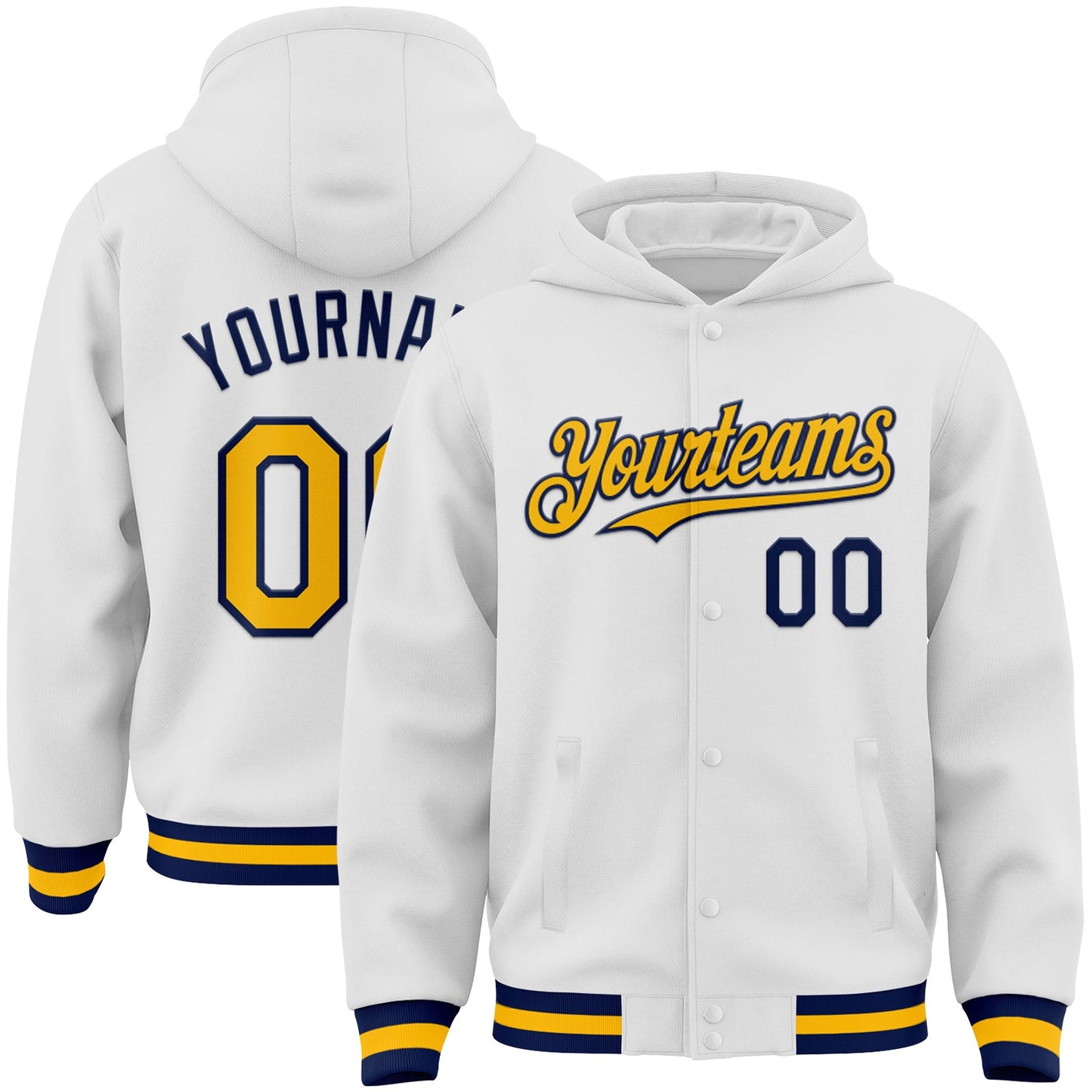 Custom White Gold-Navy Bomber Full-Snap Varsity Letterman Hoodie Jacket - Main View