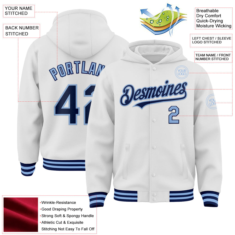 Custom White Navy-Light Blue Bomber Full-Snap Varsity Letterman Hoodie Jacket view 3