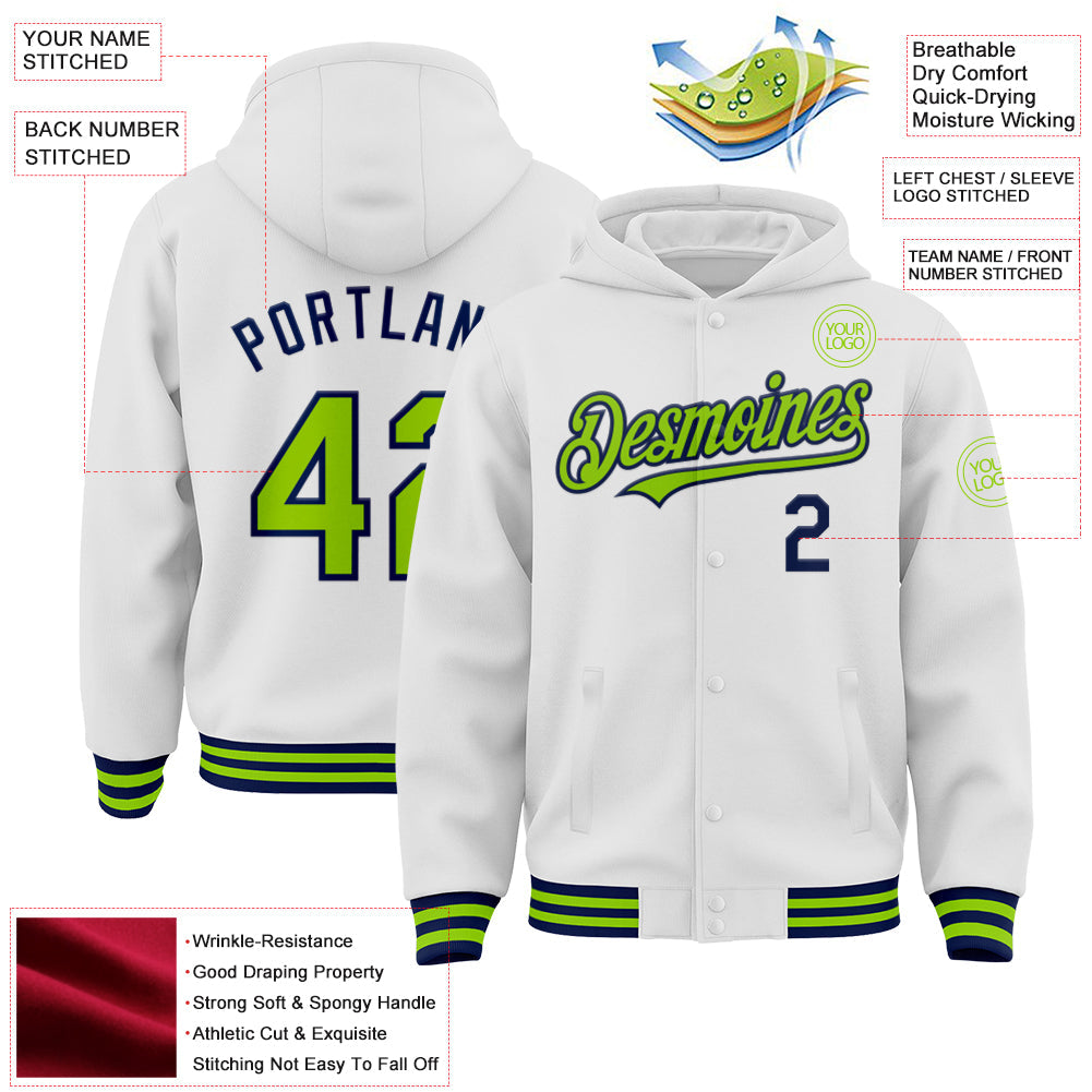 Custom White Neon Green-Navy Bomber Full-Snap Varsity Letterman Hoodie Jacket view 3