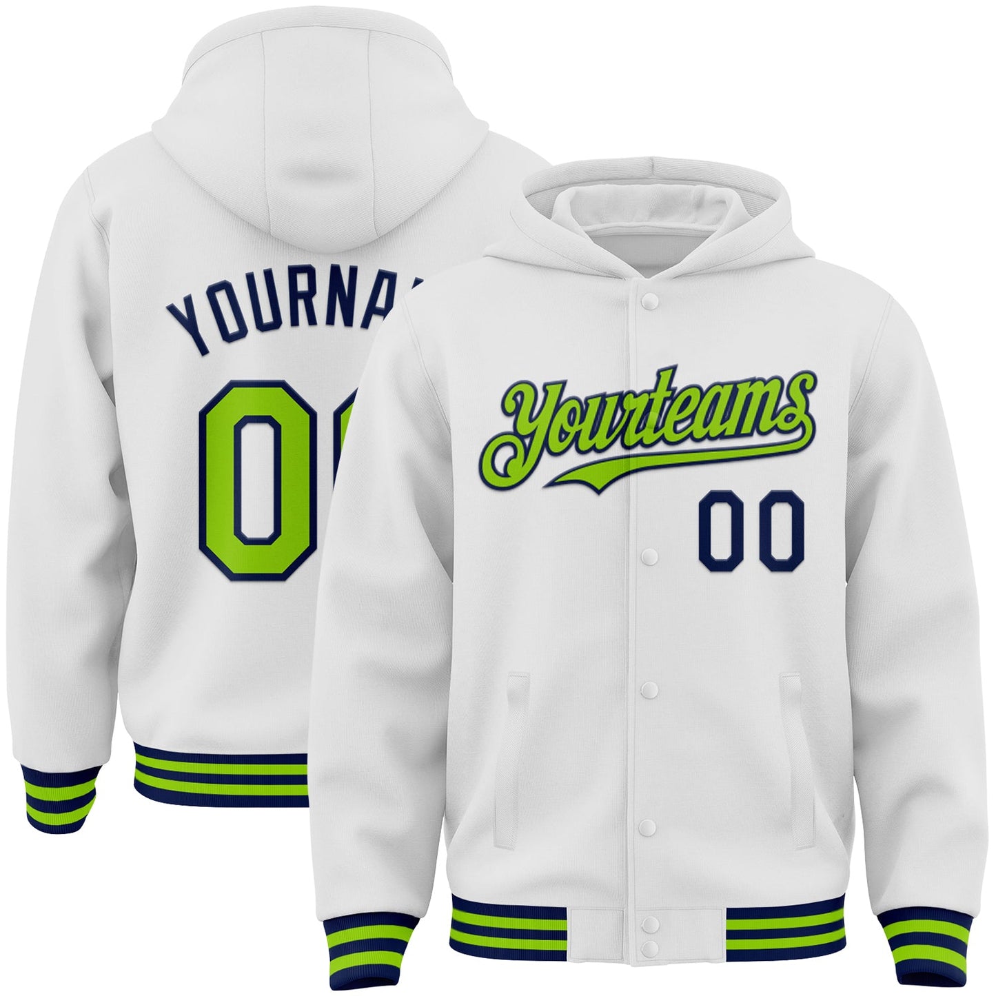 Custom White Neon Green-Navy Bomber Full-Snap Varsity Letterman Hoodie Jacket - Main View