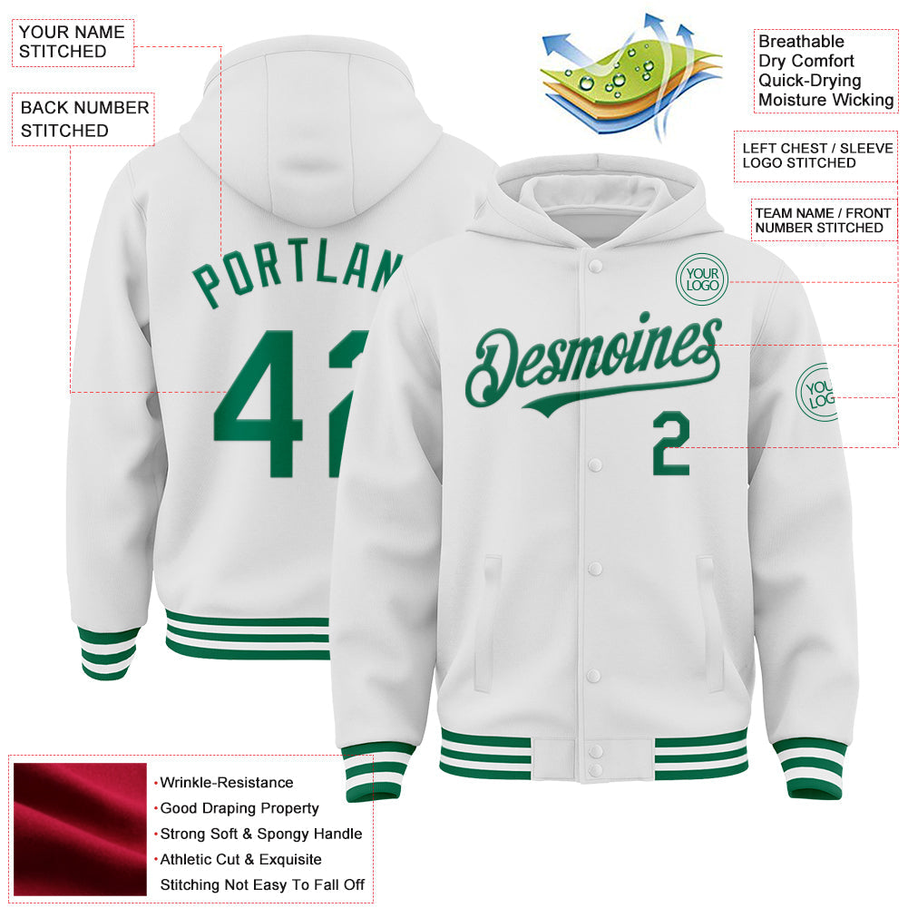 Custom White Kelly Green Bomber Full-Snap Varsity Letterman Hoodie Jacket view 3