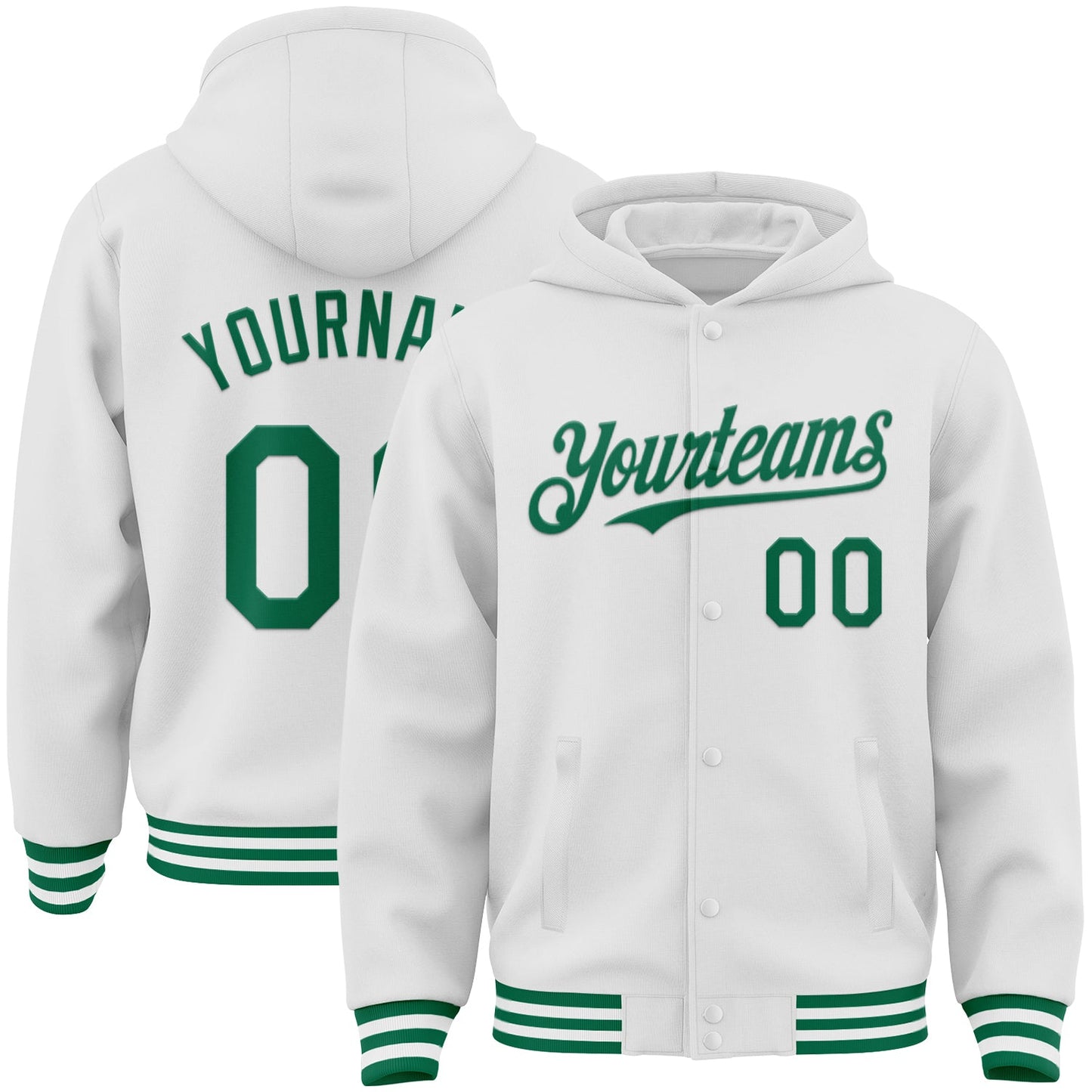 Custom White Kelly Green Bomber Full-Snap Varsity Letterman Hoodie Jacket - Main View