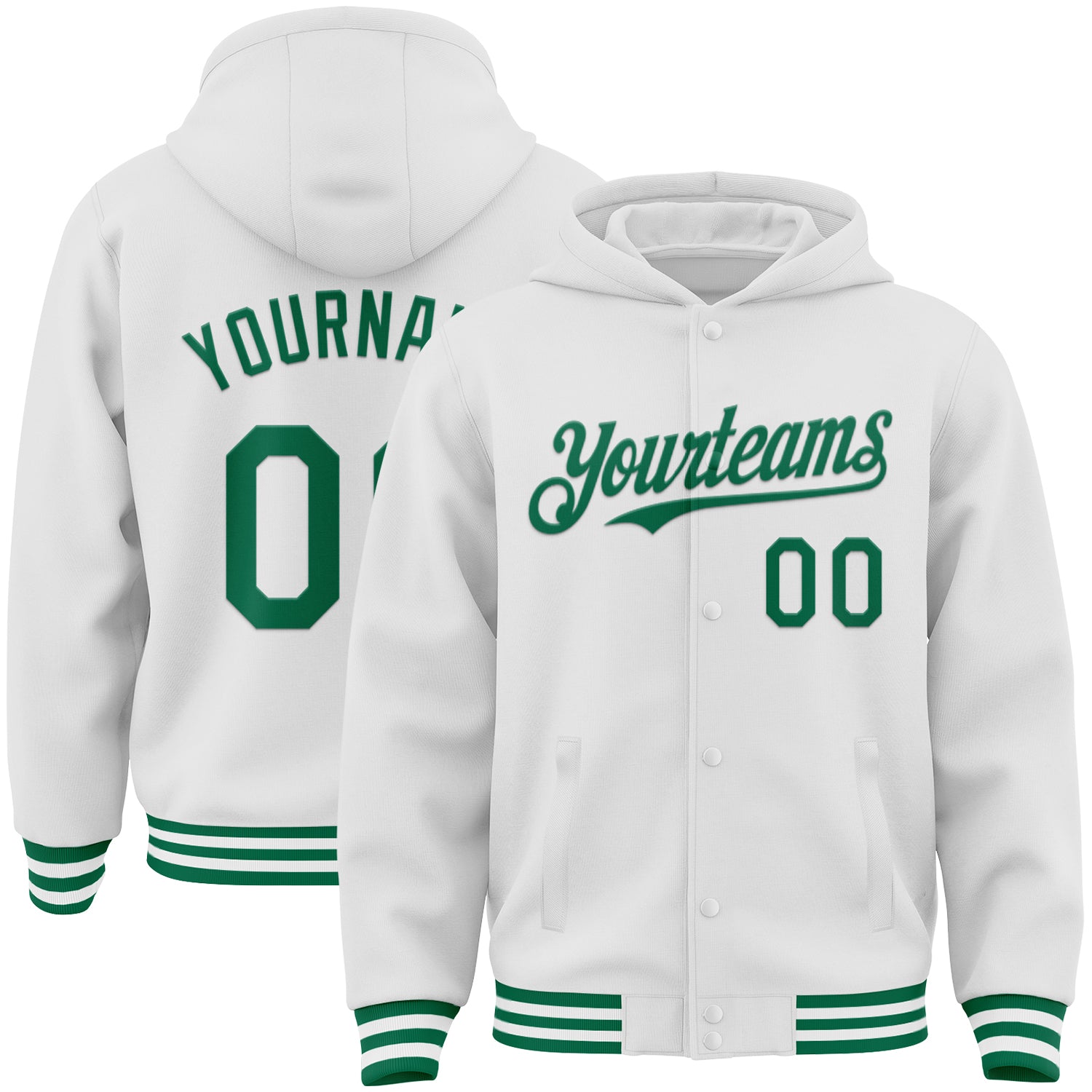 Custom White Kelly Green Bomber Full-Snap Varsity Letterman Hoodie Jacket - Main View