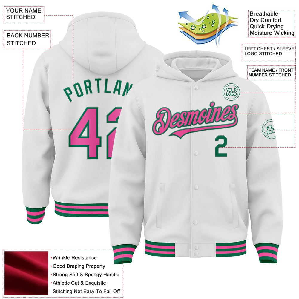 Custom White Pink-Kelly Green Bomber Full-Snap Varsity Letterman Hoodie Jacket view 3