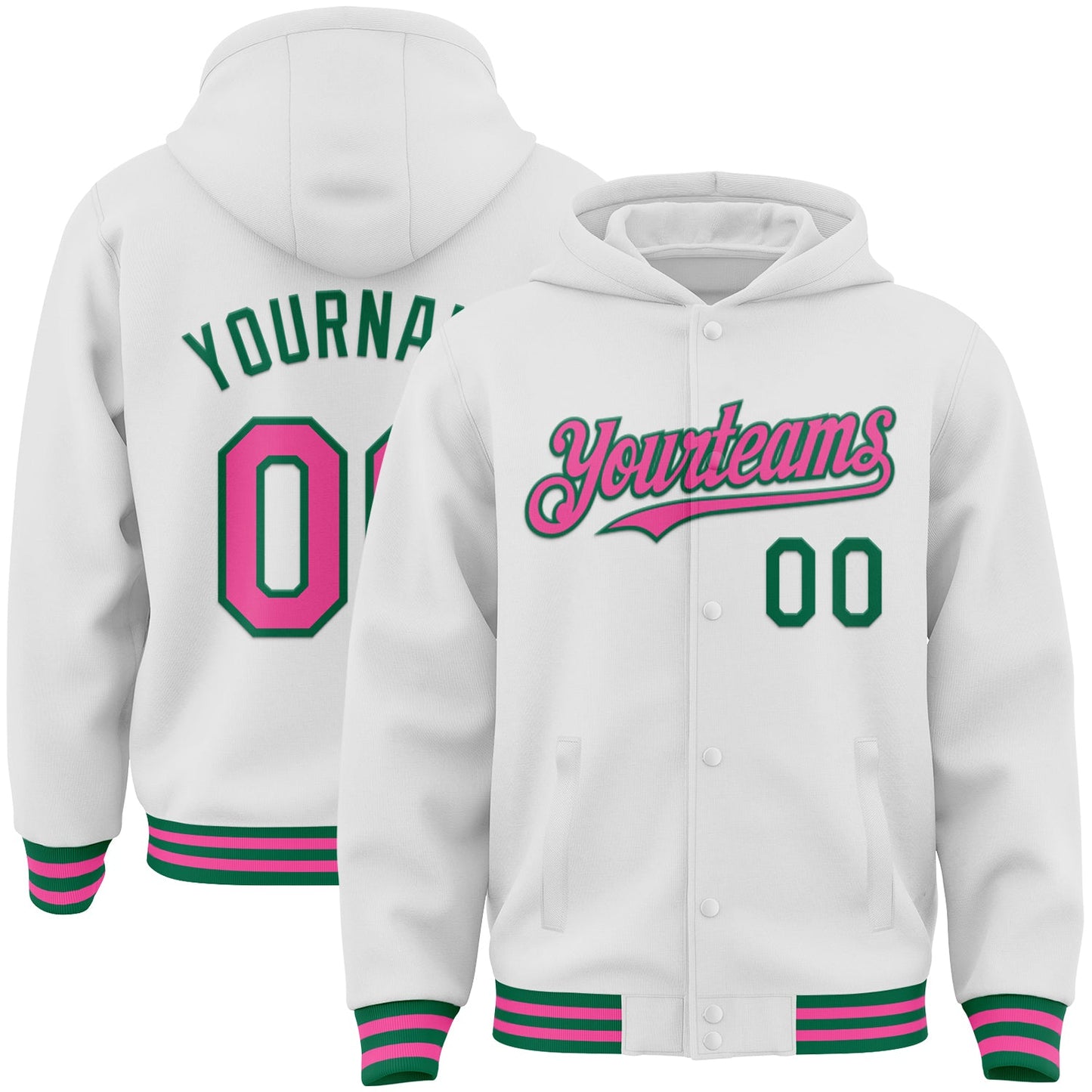 Custom White Pink-Kelly Green Bomber Full-Snap Varsity Letterman Hoodie Jacket - Main View