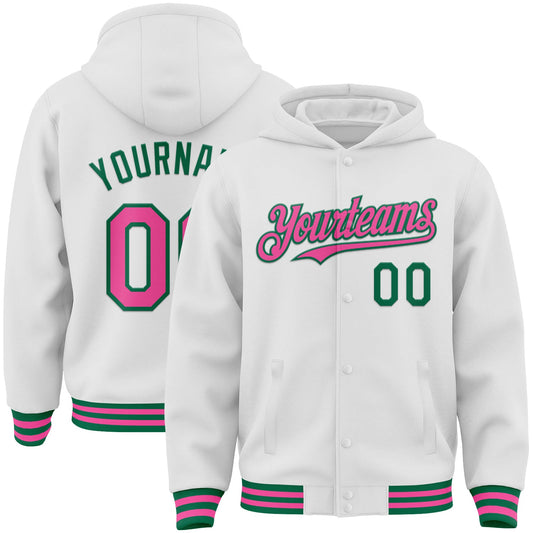 Custom White Pink-Kelly Green Bomber Full-Snap Varsity Letterman Hoodie Jacket - Main View