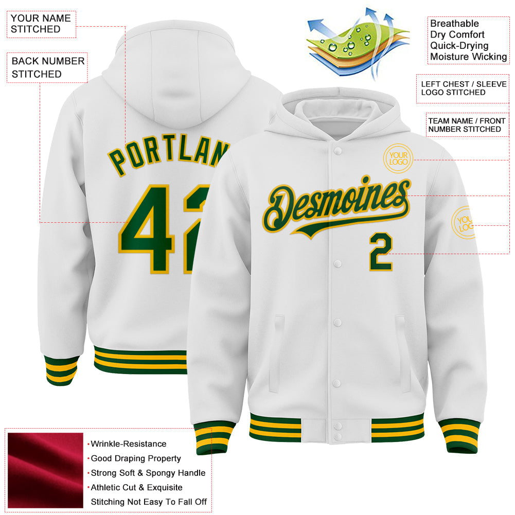 Custom White Green-Gold Bomber Full-Snap Varsity Letterman Hoodie Jacket view 3