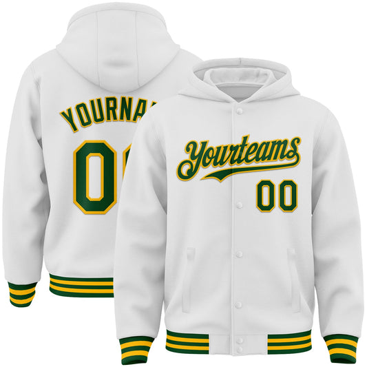 Custom White Green-Gold Bomber Full-Snap Varsity Letterman Hoodie Jacket - Main View