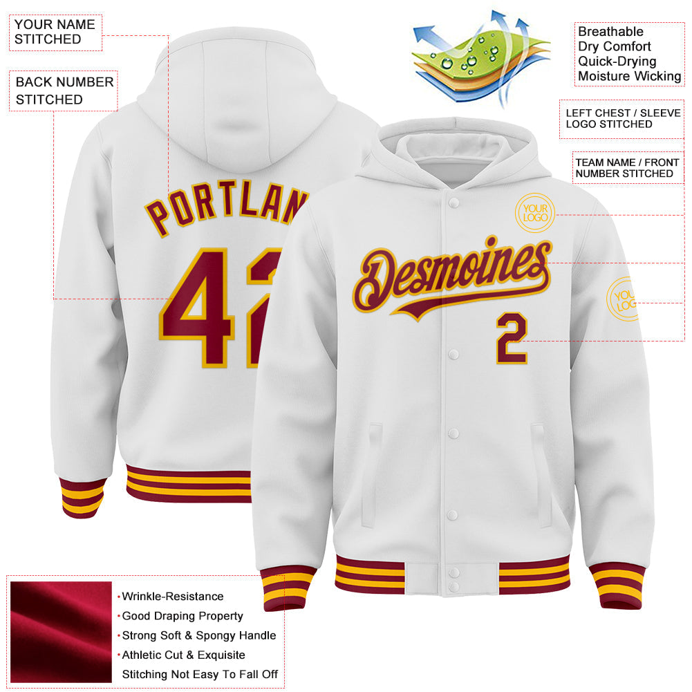 Custom White Crimson-Gold Bomber Full-Snap Varsity Letterman Hoodie Jacket view 3