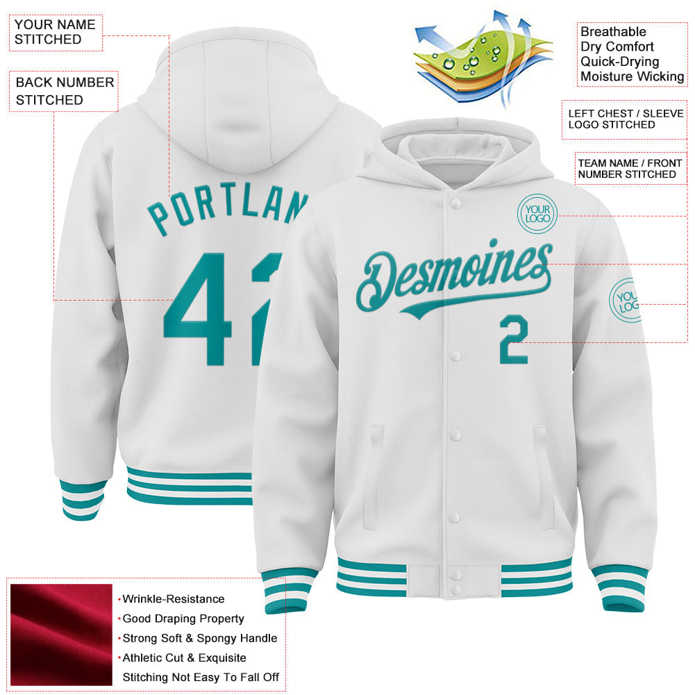 Custom White Teal Bomber Full-Snap Varsity Letterman Hoodie Jacket view 3