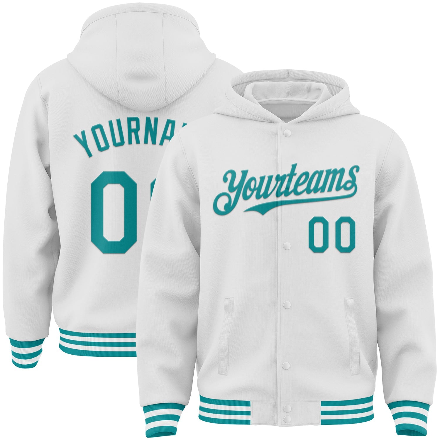 Custom White Teal Bomber Full-Snap Varsity Letterman Hoodie Jacket - Main View