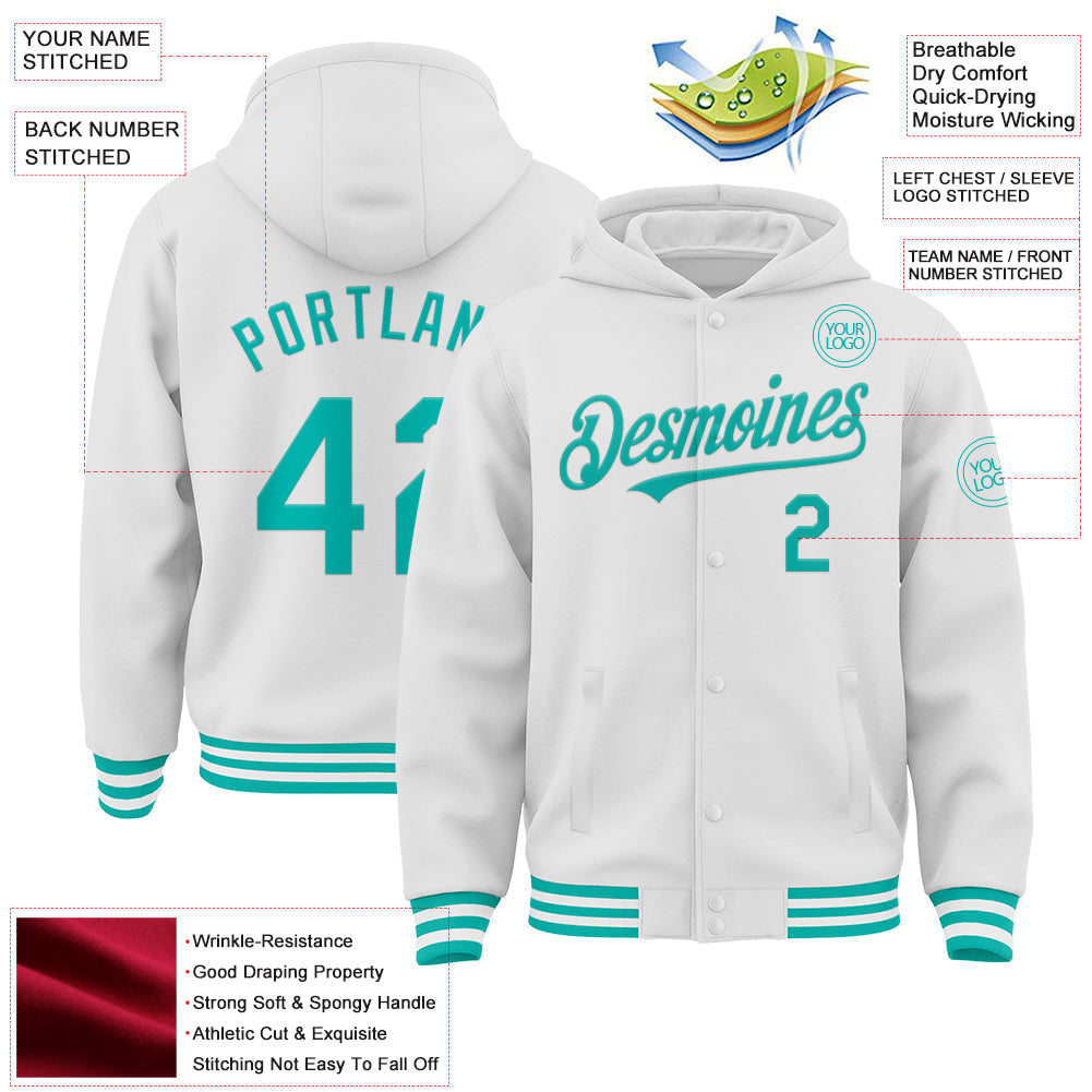 Custom White Aqua Bomber Full-Snap Varsity Letterman Hoodie Jacket view 3