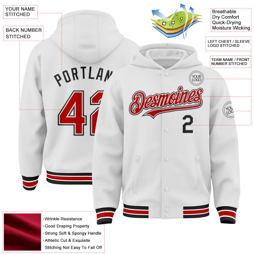 Custom White Red-Black Bomber Full-Snap Varsity Letterman Hoodie Jacket view 3