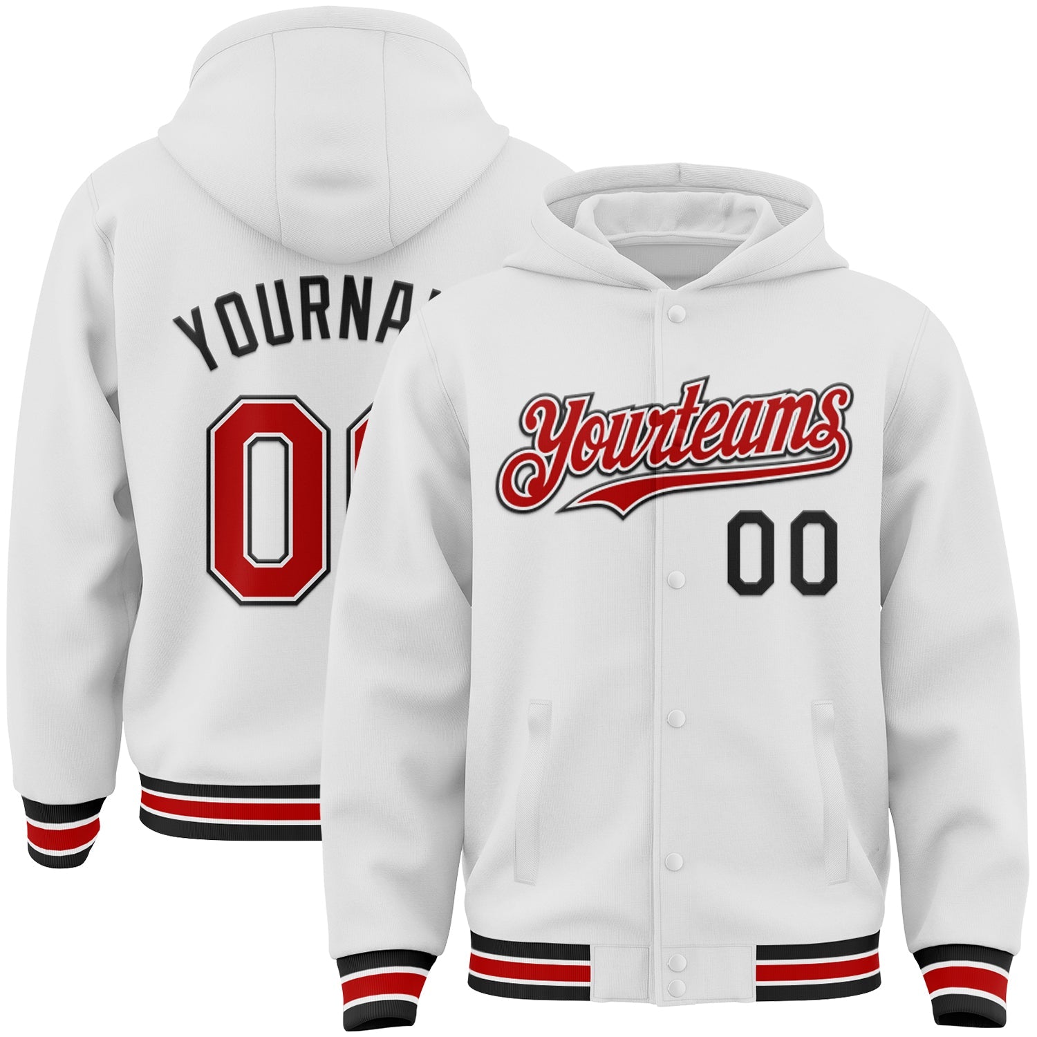 Custom White Red-Black Bomber Full-Snap Varsity Letterman Hoodie Jacket - Main View