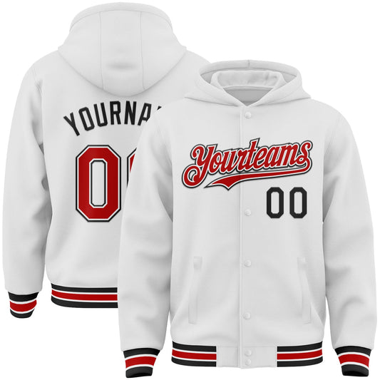 Custom White Red-Black Bomber Full-Snap Varsity Letterman Hoodie Jacket - Main View