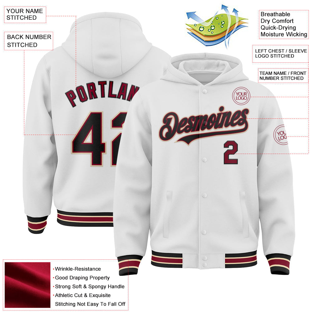 Custom White Black Crimson-City Cream Bomber Full-Snap Varsity Letterman Hoodie Jacket view 3