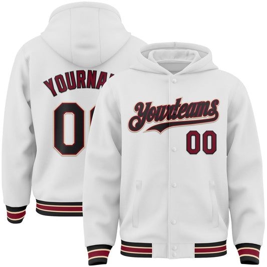 Custom White Black Crimson-City Cream Bomber Full-Snap Varsity Letterman Hoodie Jacket - Main View