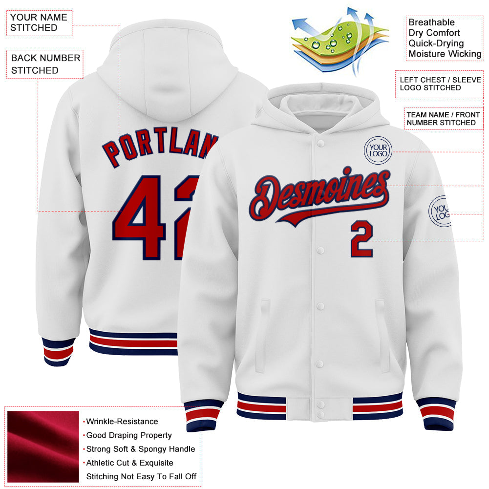 Custom White Red-Navy Bomber Full-Snap Varsity Letterman Hoodie Jacket view 3