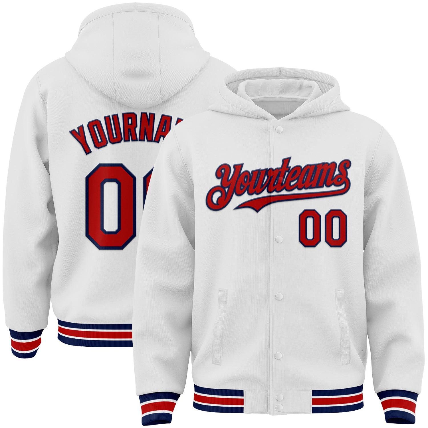 Custom White Red-Navy Bomber Full-Snap Varsity Letterman Hoodie Jacket - Main View