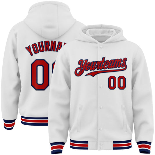 Custom White Red-Navy Bomber Full-Snap Varsity Letterman Hoodie Jacket - Main View