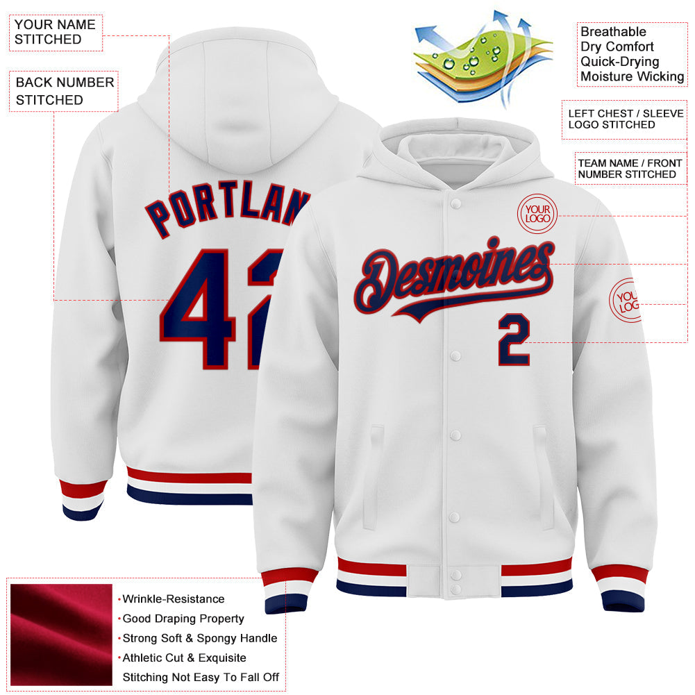 Custom White Navy-Red Bomber Full-Snap Varsity Letterman Hoodie Jacket view 3