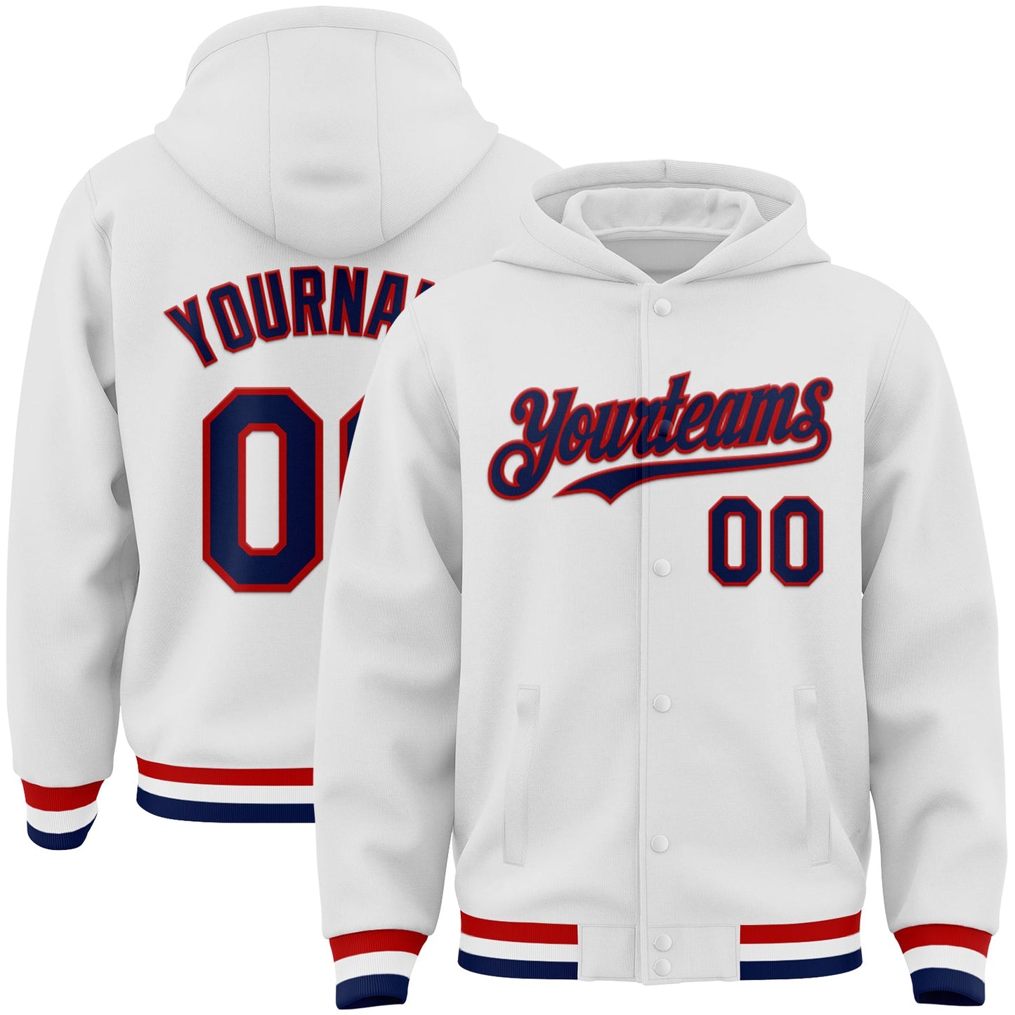 Custom White Navy-Red Bomber Full-Snap Varsity Letterman Hoodie Jacket - Main View