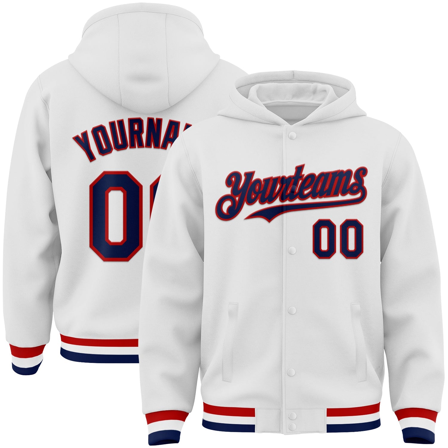Custom White Navy-Red Bomber Full-Snap Varsity Letterman Hoodie Jacket - Main View