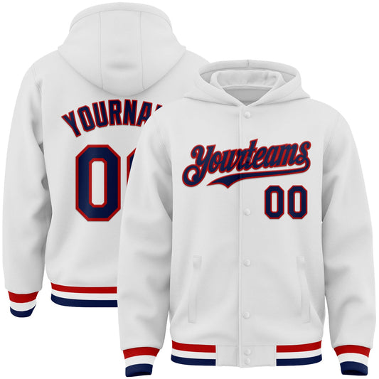 Custom White Navy-Red Bomber Full-Snap Varsity Letterman Hoodie Jacket - Main View