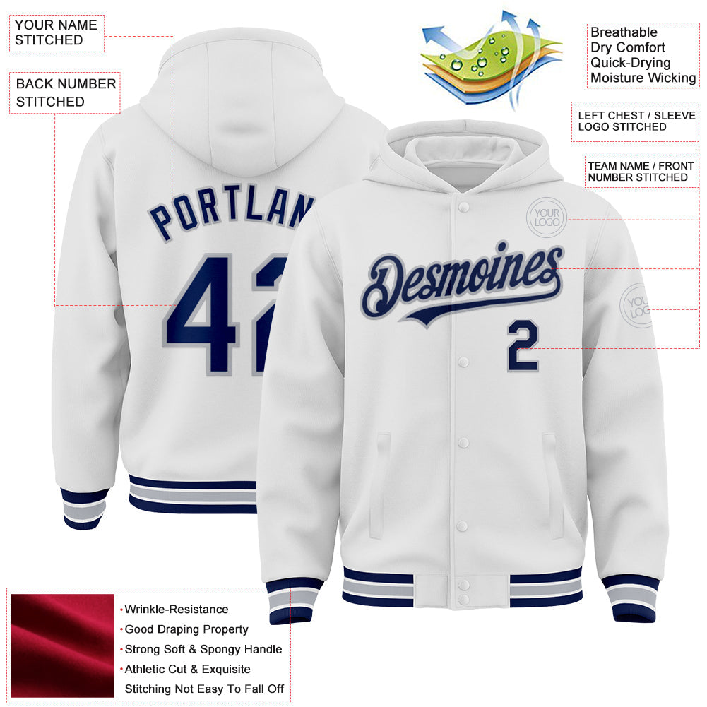 Custom White Navy-Gray Bomber Full-Snap Varsity Letterman Hoodie Jacket view 3