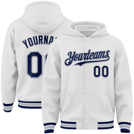 Custom White Navy-Gray Bomber Full-Snap Varsity Letterman Hoodie Jacket - Main View