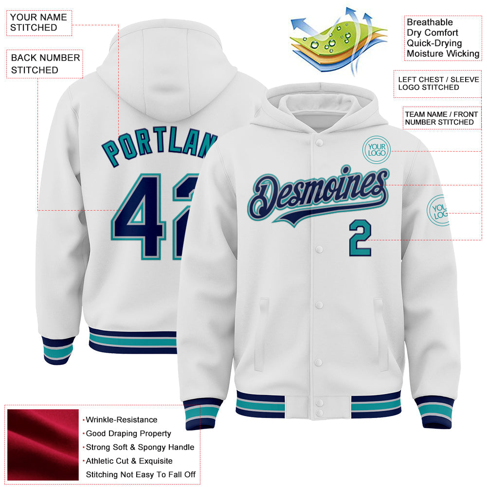 Custom White Navy Gray-Teal Bomber Full-Snap Varsity Letterman Hoodie Jacket view 3