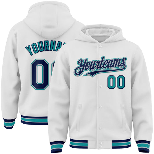 Custom White Navy Gray-Teal Bomber Full-Snap Varsity Letterman Hoodie Jacket - Main View