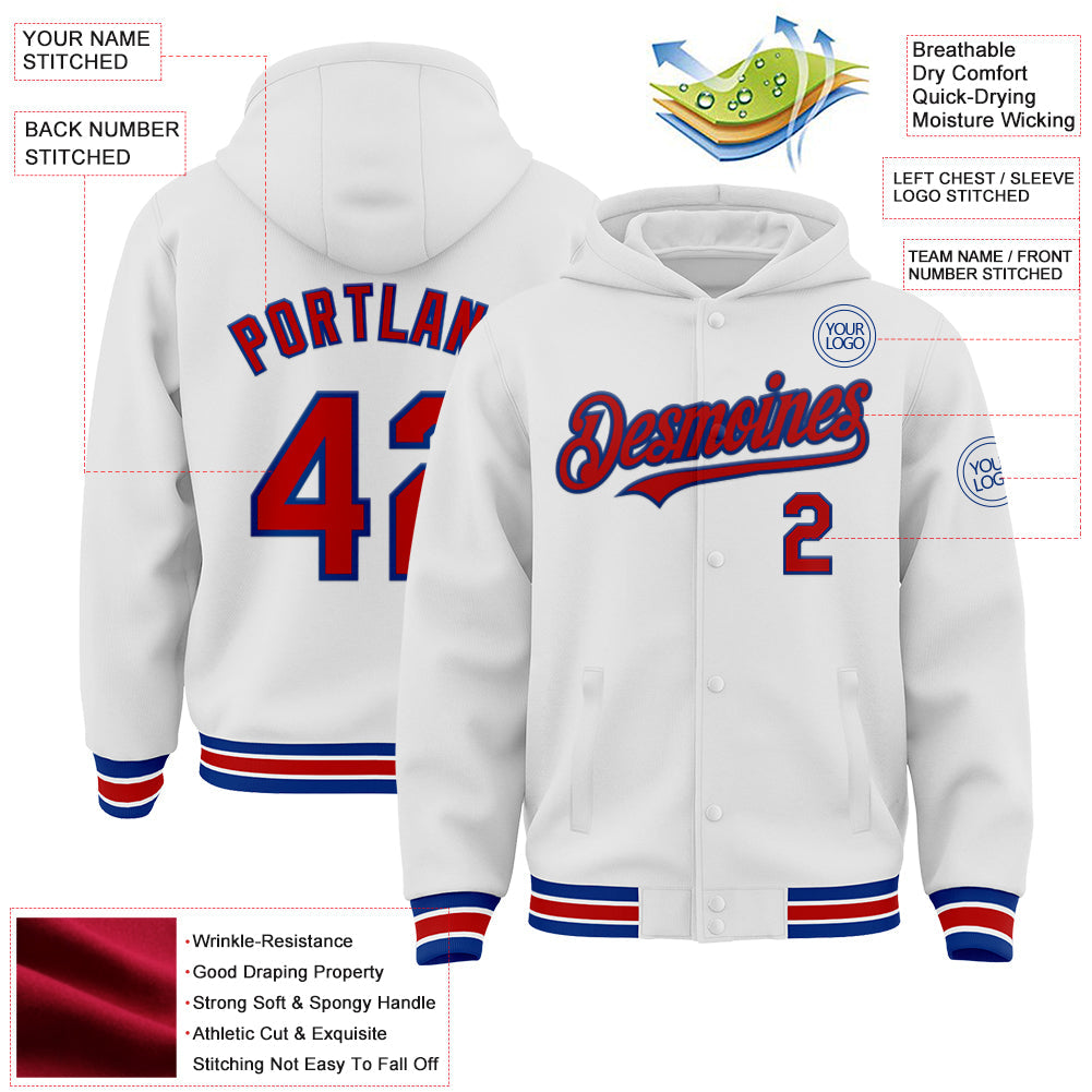 Custom White Red-Royal Bomber Full-Snap Varsity Letterman Hoodie Jacket view 3