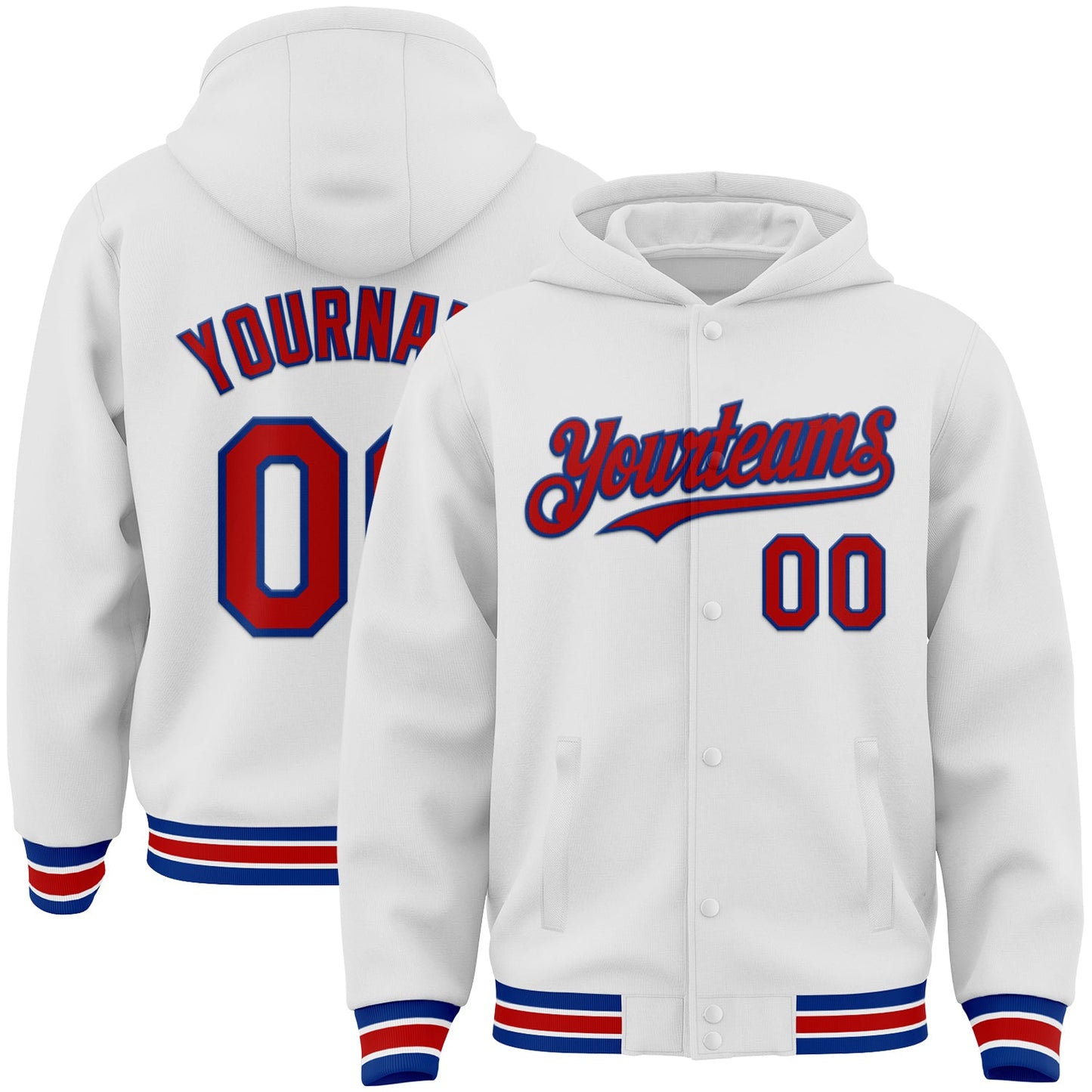 Custom White Red-Royal Bomber Full-Snap Varsity Letterman Hoodie Jacket - Main View