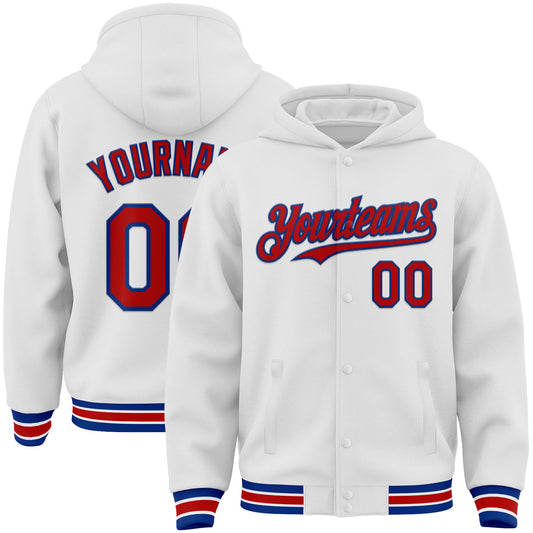 Custom White Red-Royal Bomber Full-Snap Varsity Letterman Hoodie Jacket - Main View