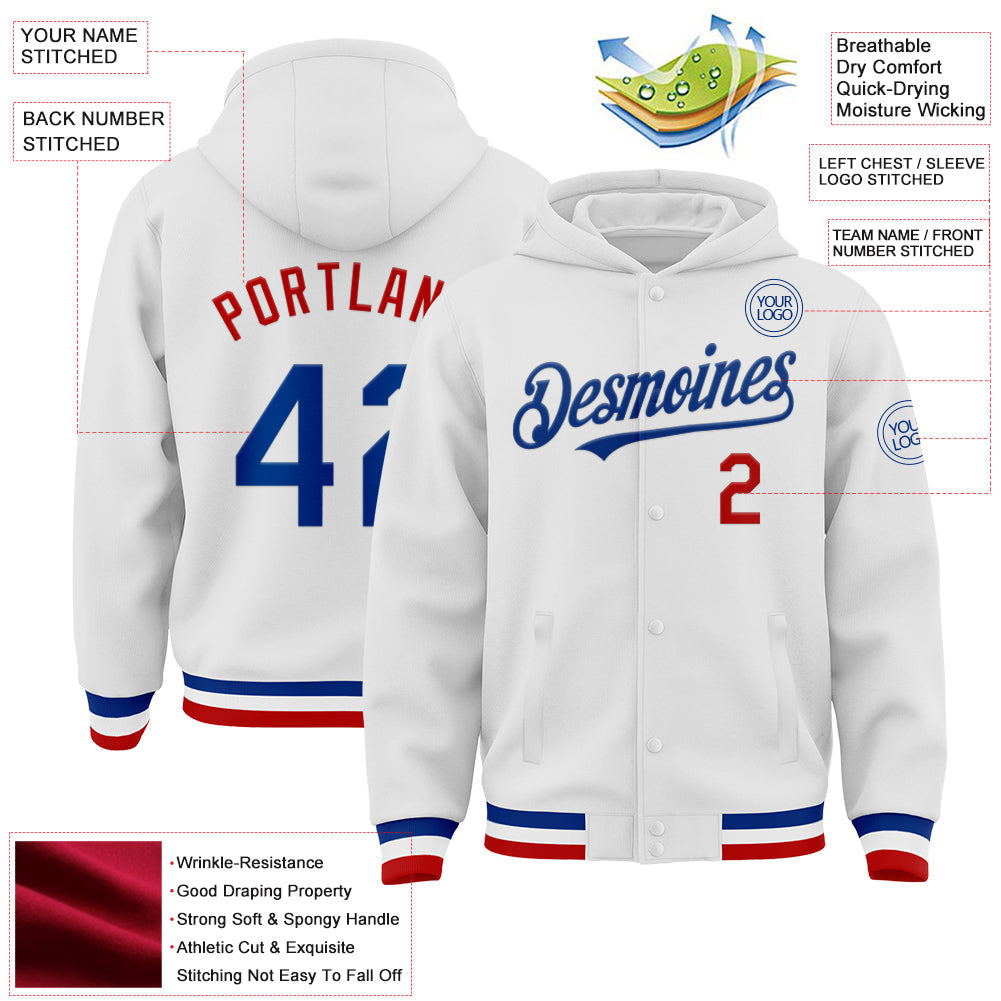 Custom White Royal-Red Bomber Full-Snap Varsity Letterman Hoodie Jacket view 3
