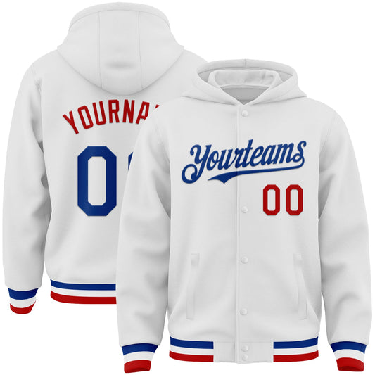 Custom White Royal-Red Bomber Full-Snap Varsity Letterman Hoodie Jacket - Main View
