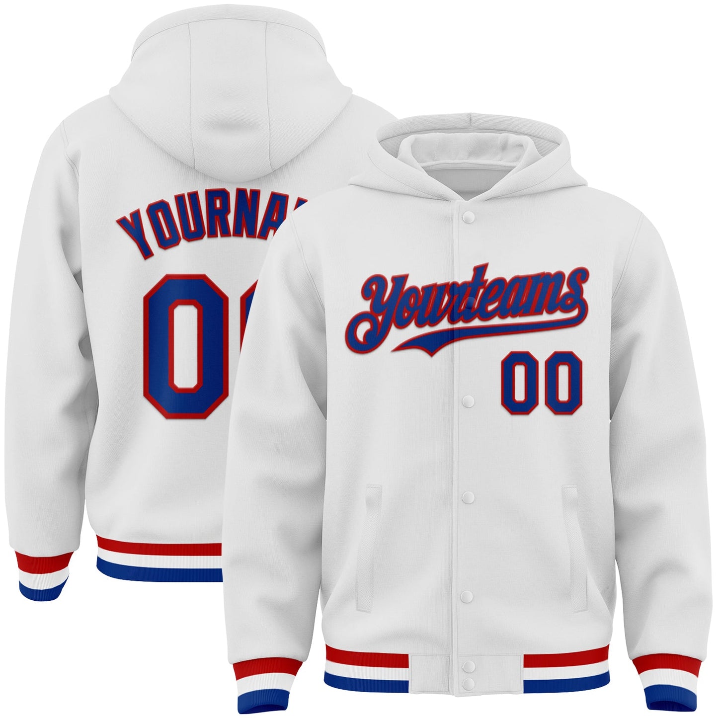 Custom White Royal-Red Bomber Full-Snap Varsity Letterman Hoodie Jacket - Main View