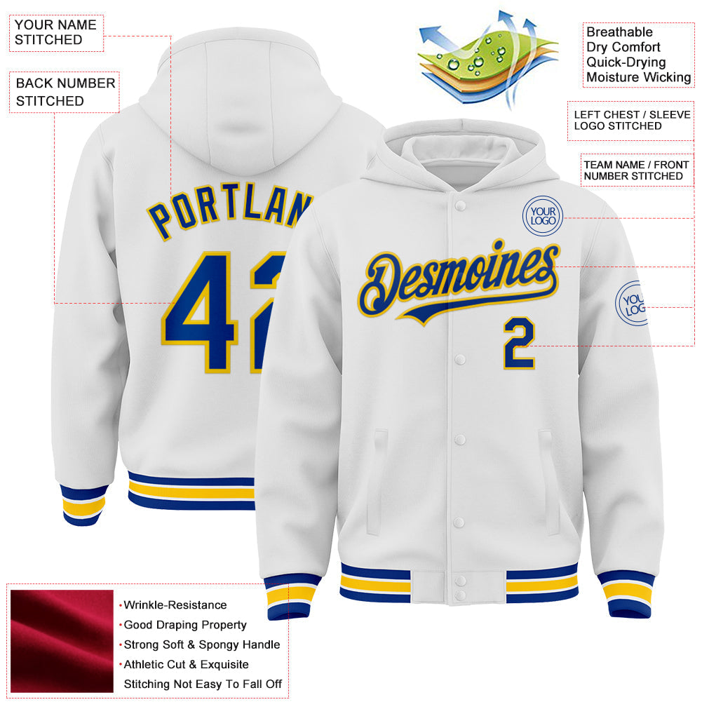 Custom White Royal-Yellow Bomber Full-Snap Varsity Letterman Hoodie Jacket view 3