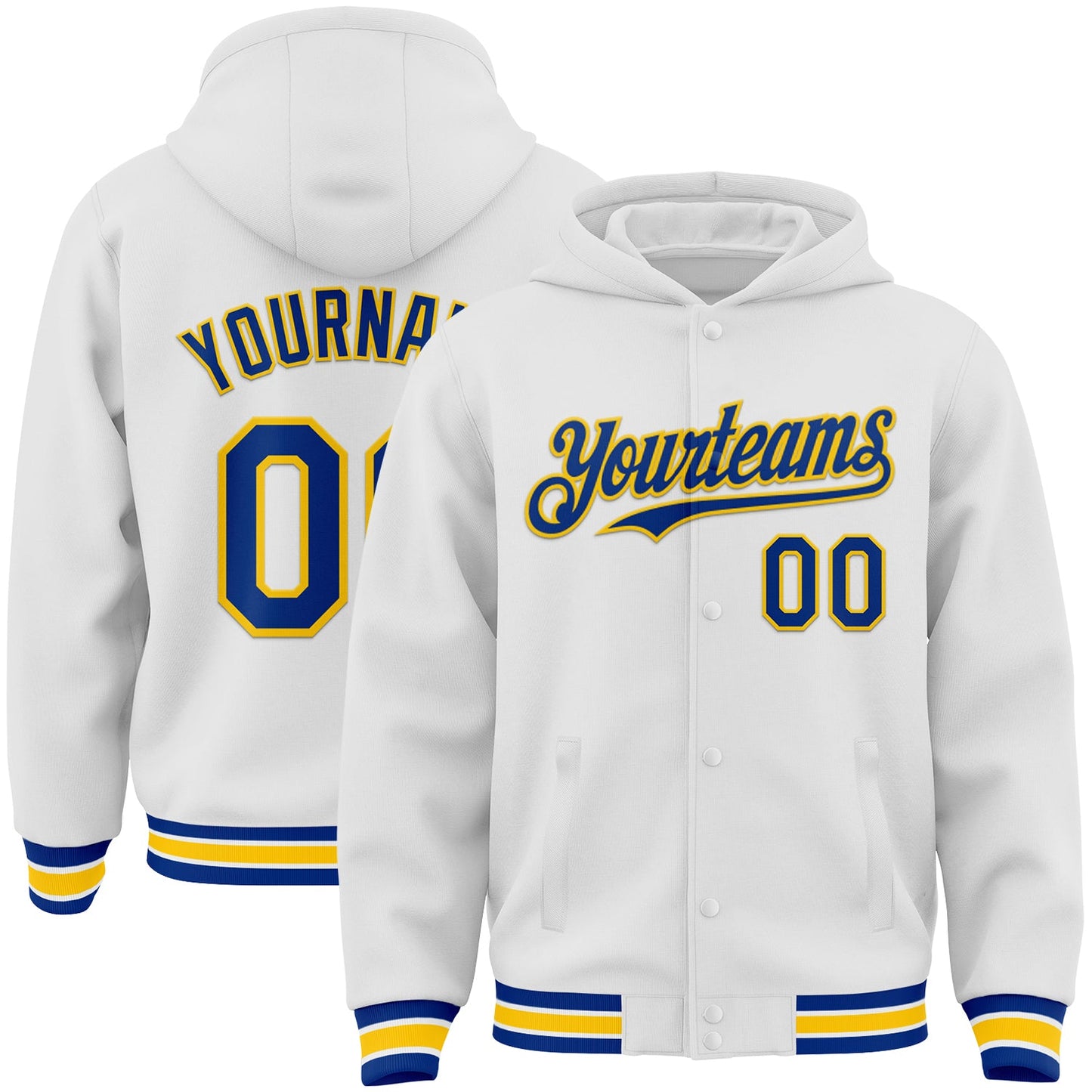 Custom White Royal-Yellow Bomber Full-Snap Varsity Letterman Hoodie Jacket - Main View